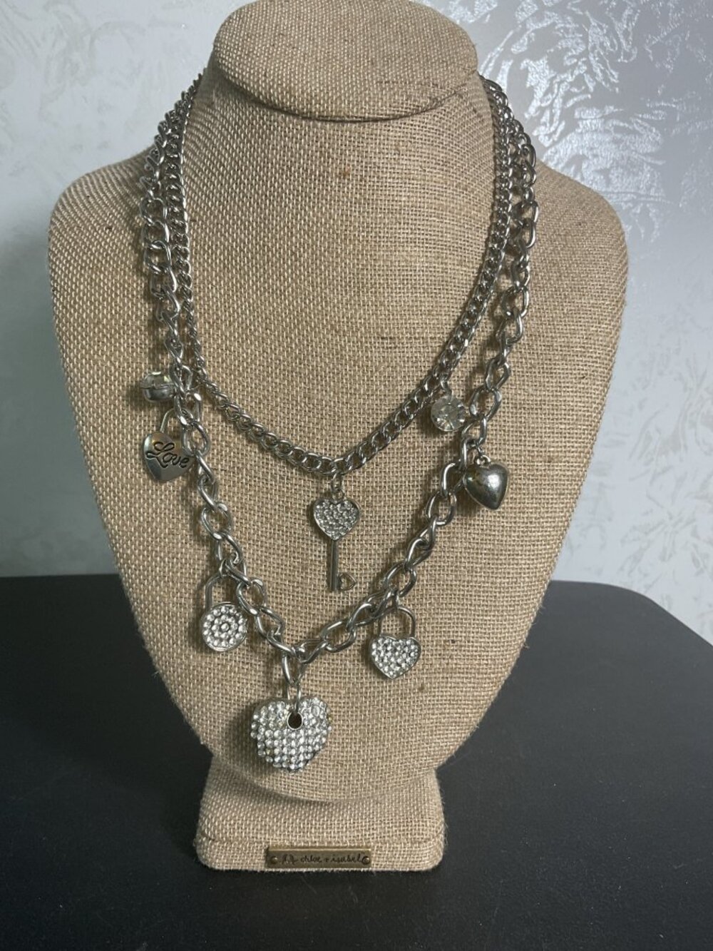 Multi Strand Silver Chain Charm Necklace Heart Padlock Key Love Chunky Layered